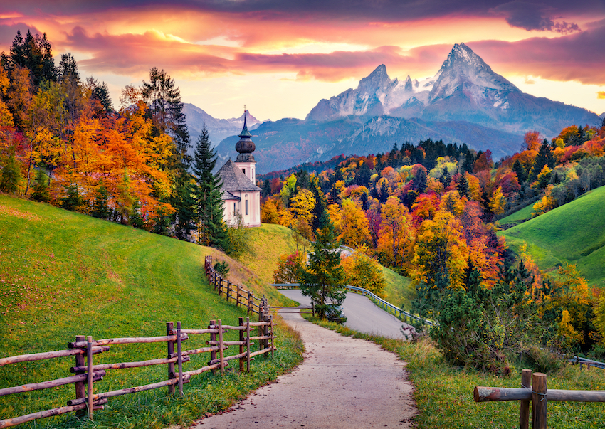 Alpine village and mountains in autumn color